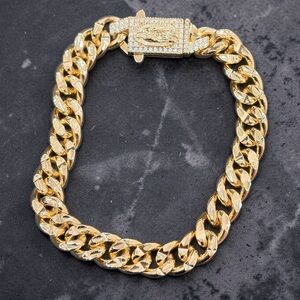 Gold Cuban Link Bracelet with Pave Clasp